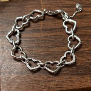 925 Sterling Silver .12Ct Diamond Heart Bracelet with Dangle Heart Charm 7 1/4”